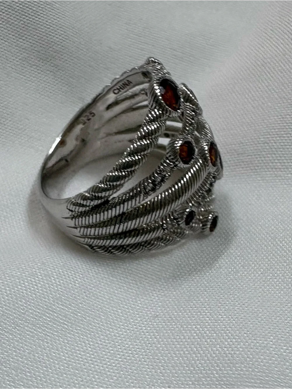 Judith Ripka Silver Multi-Band Ring with Deep Red Stones